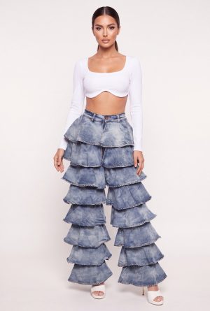 Acid Wash Ruffle Tiered Jeans