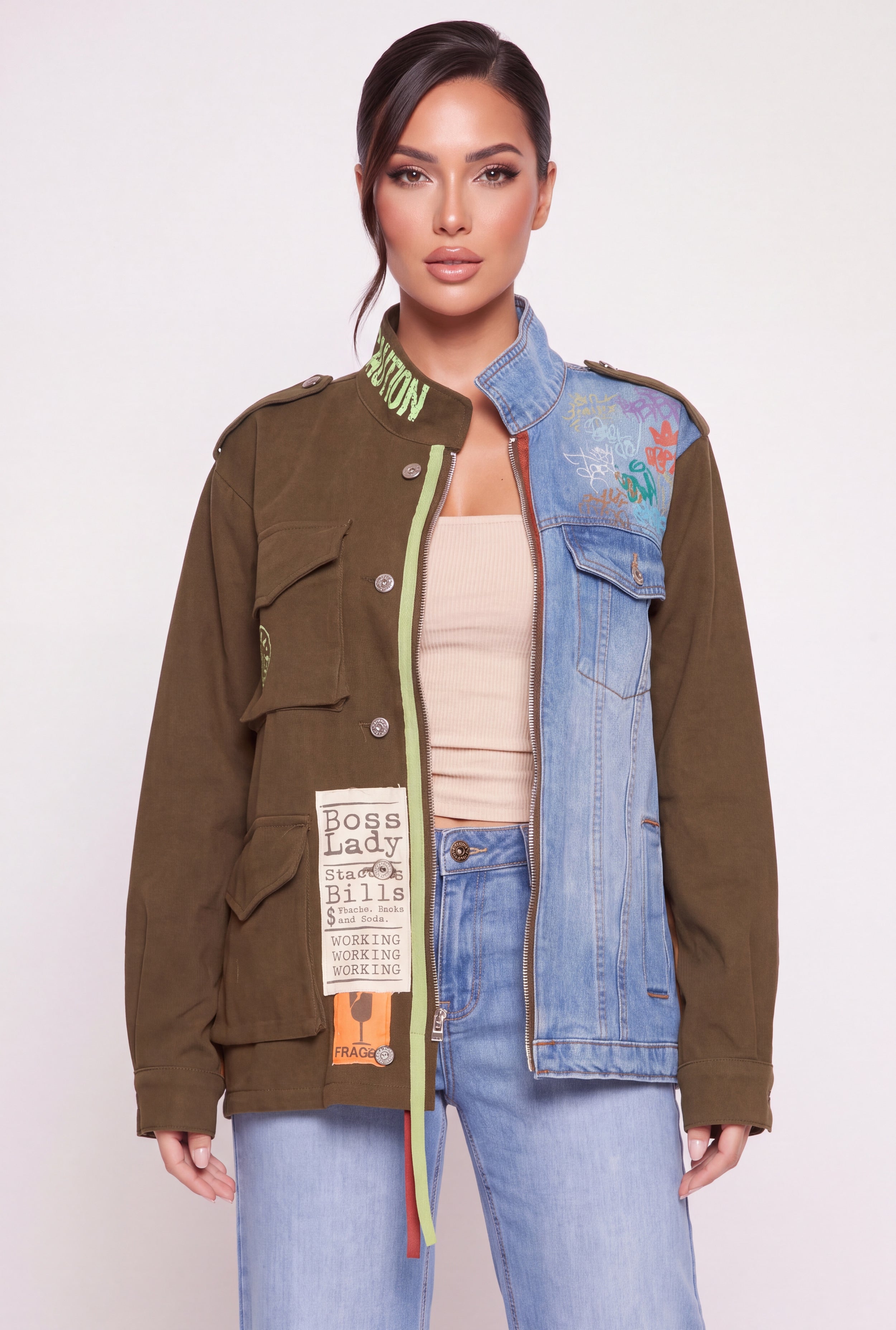 Boss Lady Graphic Color Blocked Cargo Pocket Jean Jacket - Image 2