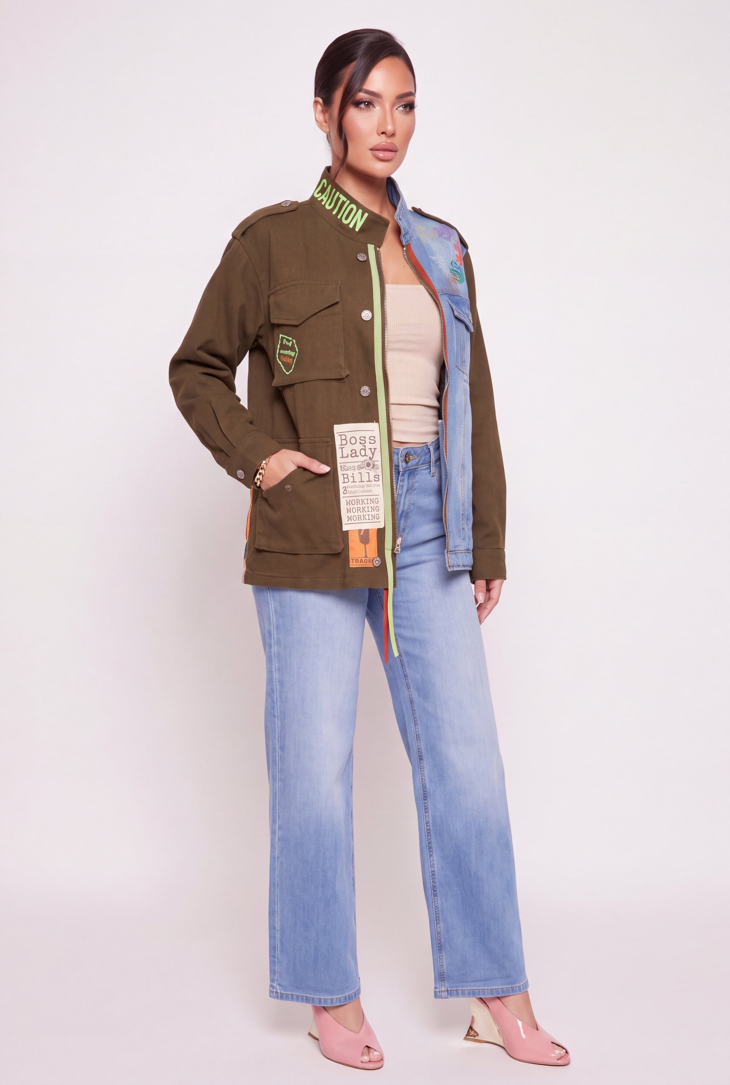 Boss Lady Graphic Color Blocked Cargo Pocket Jean Jacket - Image 3
