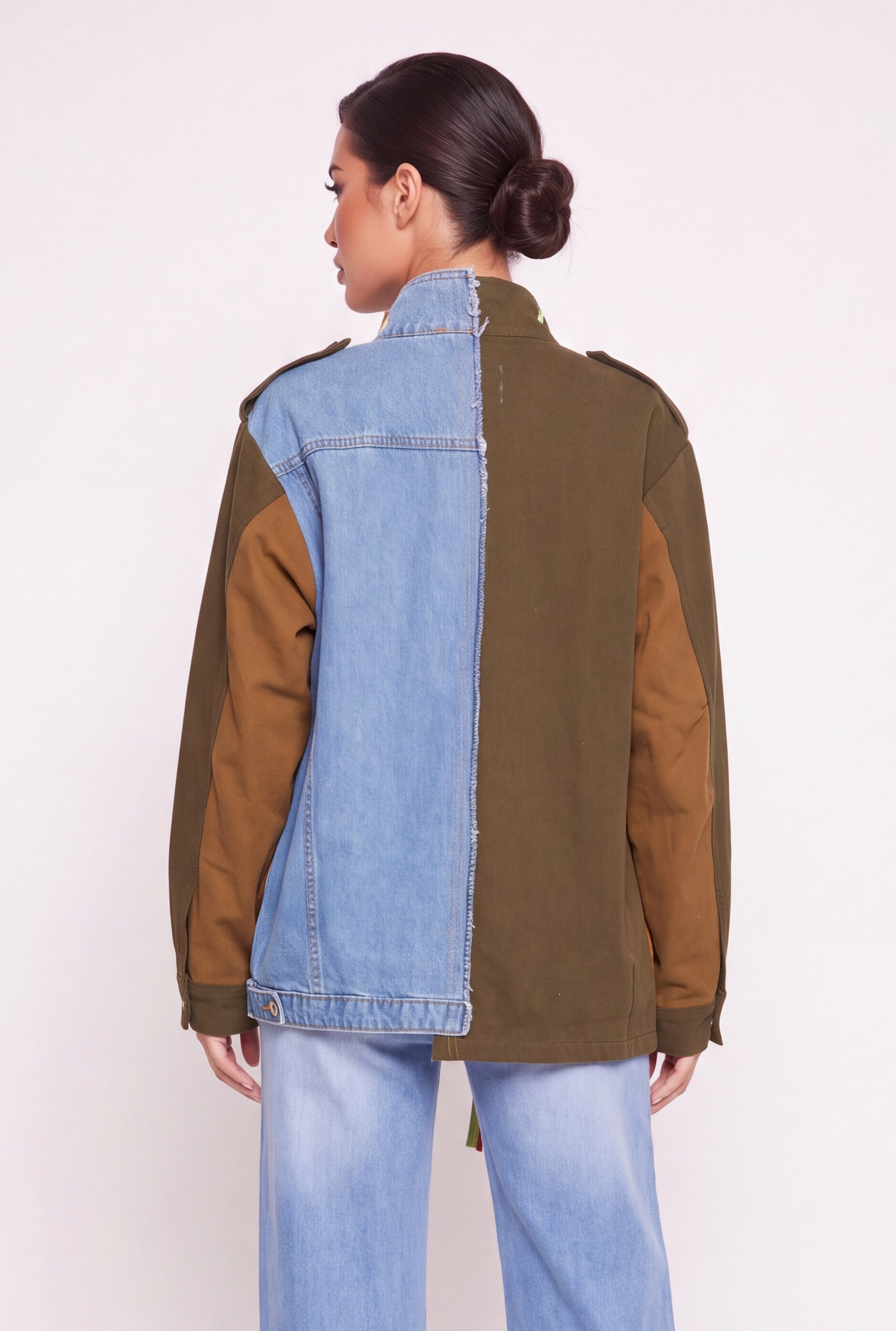 Boss Lady Graphic Color Blocked Cargo Pocket Jean Jacket - Image 5